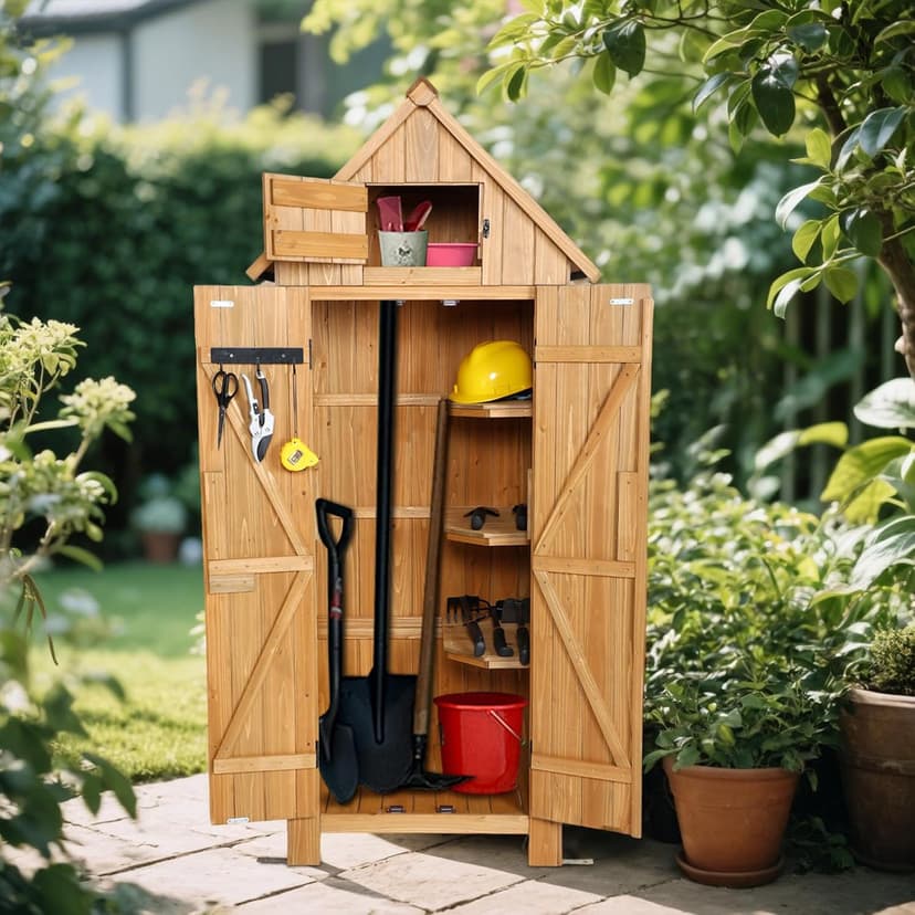 Wooden Outdoor Storage Shed with Double Doors,70” Tall Waterproof Storage Shed with Lock,Sheds & Outdoor Storage with Windproof Tipping for Deck,Backyard Garden and Yard