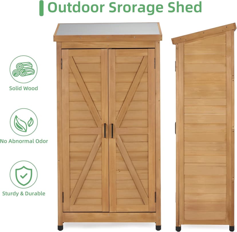 58''x30''x18'' Outdoor Wooden Storage Shed with Metal Top Tall Vertical Tool Cabinet for Backyard Garden Patio Lawn (Gold)