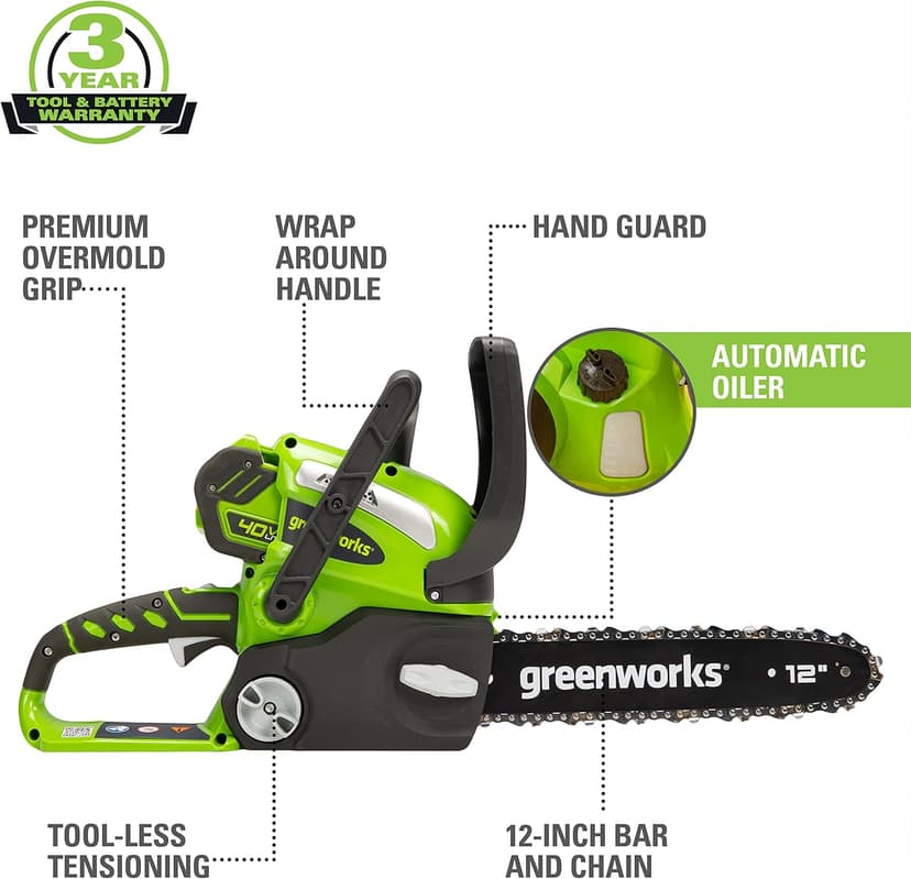 Greenworks 40V 12" Cordless Compact Chainsaw (Great For Storm Clean-Up, Pruning, and Camping), 2.0Ah Battery and Charger Included