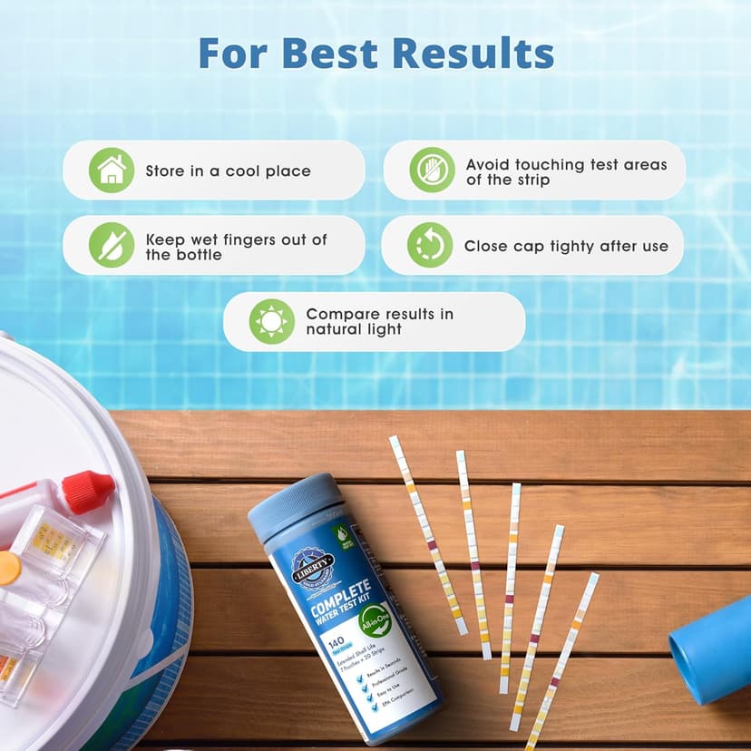Liberty Gold Standard© Water Test Strips (121-Piece Kit) Testing for Pools & Spas, Hot Tubs - Test Chlorine, pH, Hard Water Hardness Test, Cyanuric Acid, Alkalinity, Bromine (Pool Spa Test Kit)