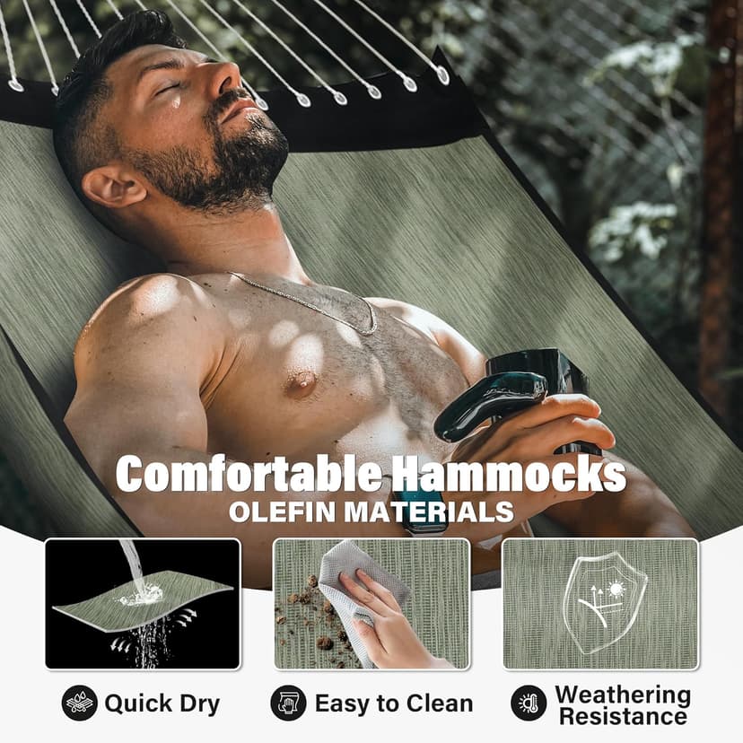Patio Watcher 13 FT Quick Dry Olefin Hammock - Outdoor Double Hammock with Metal Curved Spreader Bars - 450 lbs Capacity - Dark Green