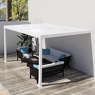 BPS 13 x 10 ft. Outdoor Aluminum Wall Mounted Louvered Pergola Waterproof Gazebo Sun Shade Shelter with 2 Adjustable Rainproof Panels for Patio, Garden, Backyard Lawn & Garden - White