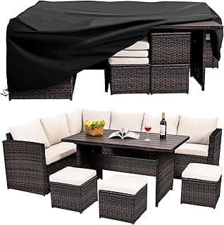 Patio Furniture Set, 7 Pieces Outdoor Patio Furniture with Dining Table&Chair, All Weather Wicker Conversation Set with Ottoman,Brown Rattan & Ivory Cushions (Include Sofa Dust Cover)