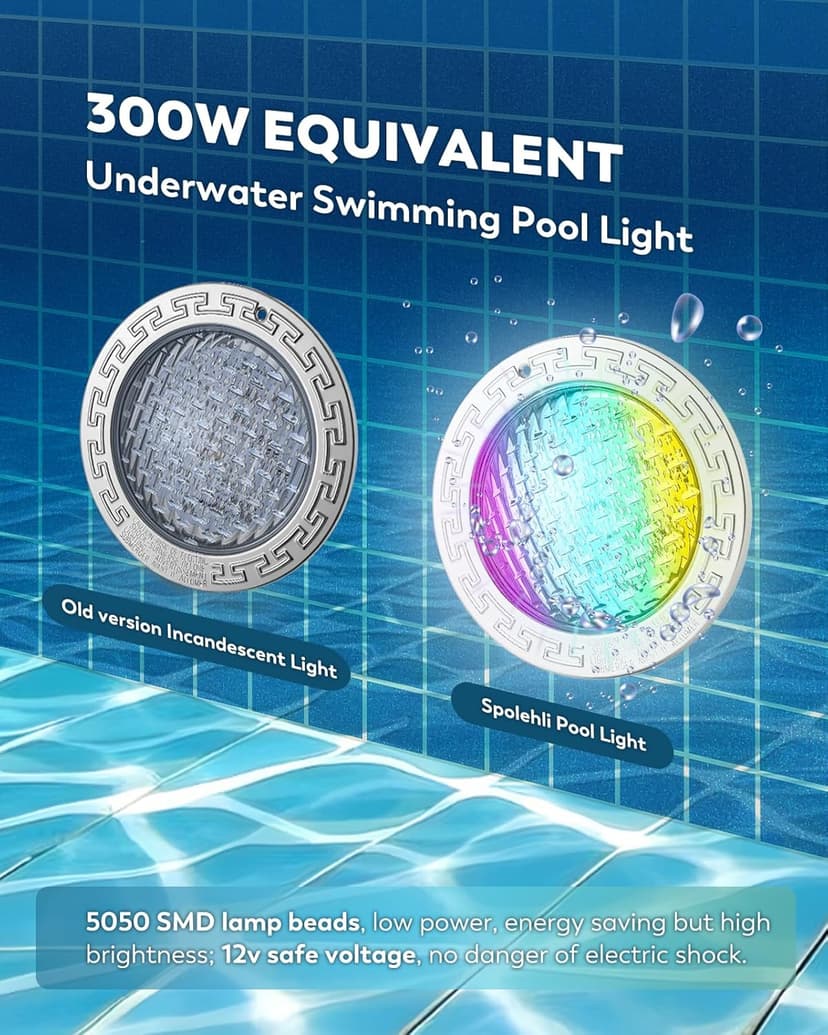 10" LED Pool Light, 12V AC Underwater Pool Spa Lights for Inground Pools, 300W Equivalent, Static Colors & Dynamic Effects, 50Ft Cord, Remote, Transformer, Fits Pentair, Hayward, Jady Niches