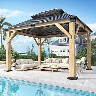10’x 12’ Outdoor Wood Gazebo - Patio Hardtop Gazebo Permanent Wooden Pavilion with Galvanized Steel Double Roof, Cedar Wooden Gazebos for Garden, Lawn, Poolside, Backyard Deck