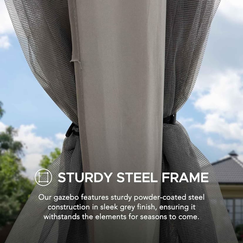 Sunjoy 10 x 10 ft. Soft Top Gazebo, Outdoor Patio Backyard Modern Grey 2-Tier Steel Frame Gazebo with Mesh Netting