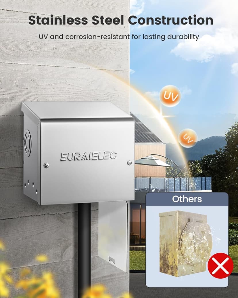 SURAIELEC 30 Amp Generator Power Inlet Box, NEMA L14-30P Generator Box for 4-Prong Generator Cord, Stainless Steel Housing, 125/250V, 7500W Weatherproof Outdoor Power Inlet Box