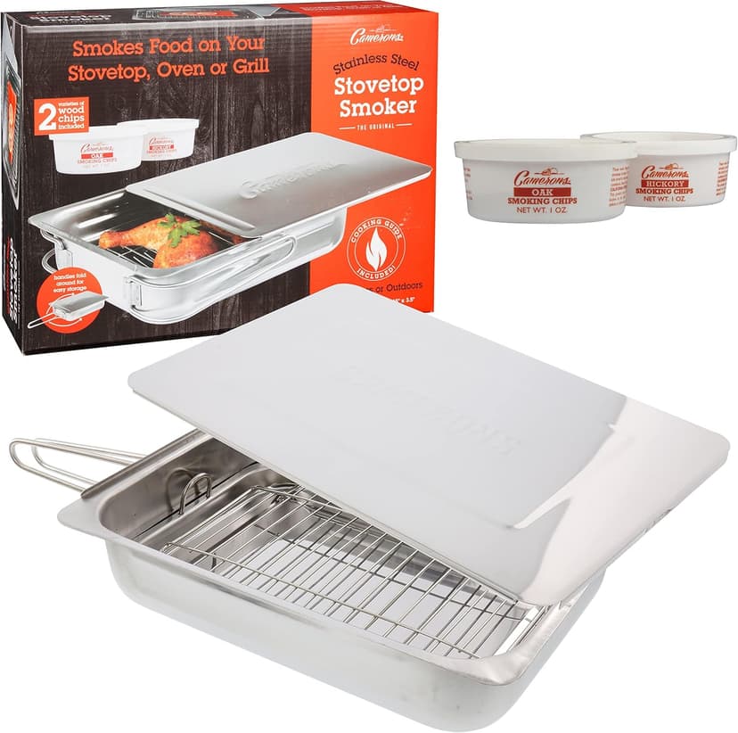 Camerons Large Stovetop Smoker - Stainless Steel BBQ Smoker Box w/Hickory & Oak Wood Chips & Recipes- Indoor Outdoor Use on Any Heat for Smoking Meats, Veggies & Seafood- Grilling Gift for Fathers Day