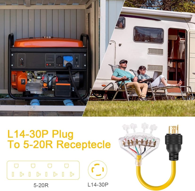 30 Amp to 110 Adapter Generator Power Cord, 4 Prong 30 Amp to 15 Amp Generator Adapter, Nema L14-30P Male to 4X 5-20R Female with Dust Protection Caps, 1.5 FT