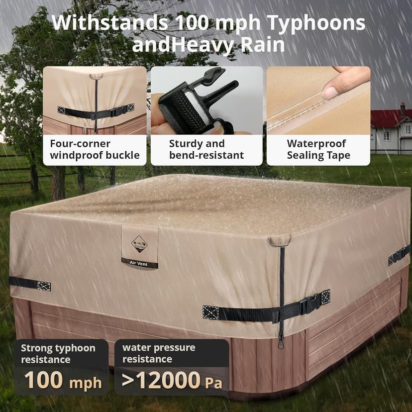 1000N Tearing Strength Hot Tub Cover Protector [900D Upgrade Fabric] 85 x 85 inch fits 84 x 84, 83 x 83, 82 x 82 inch or 81 x 81 Square SPA, Hot Tub Covers Replacement-Wheat