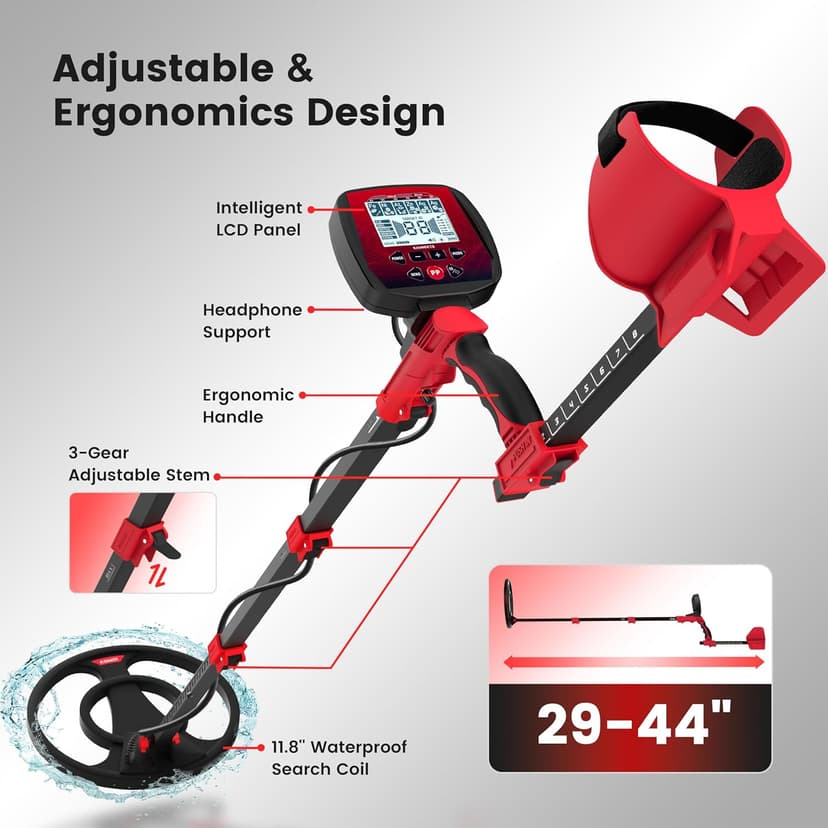 Metal Detector for Adults Professional Built-in HD Screen, KAIWEETS Metal Detector Waterproof with 6 Modes, Advanced DSP Chip, Stretchable Gold Detector Equipped with Headphones/Shovel/Bag/Battery