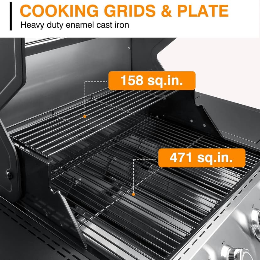 4 Led Burner Propane Gas Grill with Side Burner, Stainless Steel Gas Grill with Built-in thermometer & Enameled Cast Iron Grates, 60,000 BTUs Output for Outdoor Cooking and Patio Backyard Barbecue