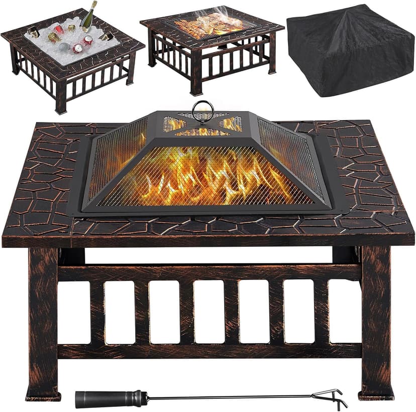 Yaheetech 32in Outdoor Firepit Square Table Backyard Patio Garden Stove Wood Burning Fire Pit with Spark Screen, Log Poker and Cover