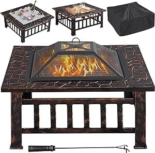 Yaheetech 32in Outdoor Firepit Square Table Backyard Patio Garden Stove Wood Burning Fire Pit with Spark Screen, Log Poker and Cover