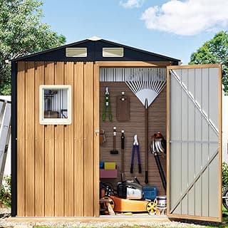 6X4FT Garden Storage Shed with Lockable Door,Steel Tool Shed with 1 Clear Window, Anti-Corrosion Metal Shed for Backyard Patio Lawn (Light Wood Grain)