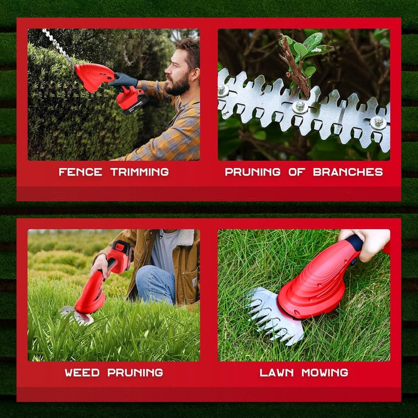 Cordless Hedge Trimmer with Battery (2Pack) and Charger, 2 in 1 Handheld Small Electric Bush Trimmers/Grass Cutter Yard Tool for Shrub/Tree/Lawn, Rechargeable Battery Powered Hedge Clipper for Garden