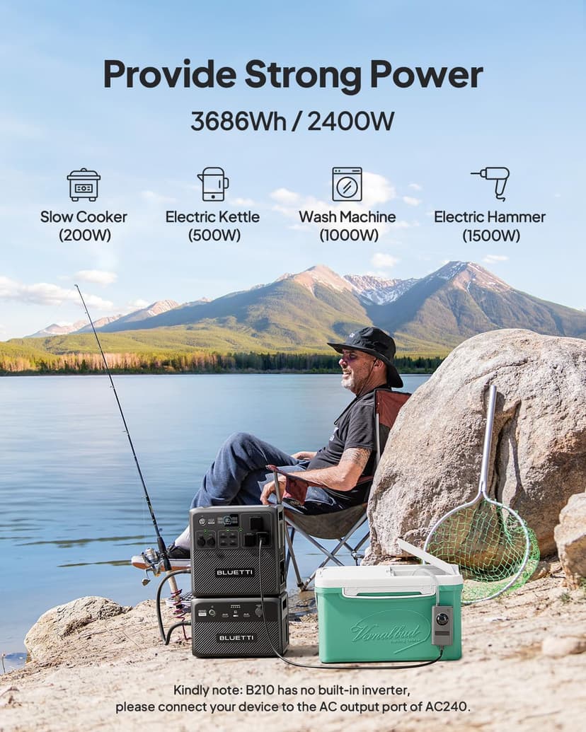 BLUETTI Solar Generator Pioneer 150 (AC240) & B210 Expansion Battery (Ships Separately), Expand to 3686Wh LiFePO4 Battery Backup w/ 3 2400W AC Outlets, IP65 Water Resistant，for Camping, RV