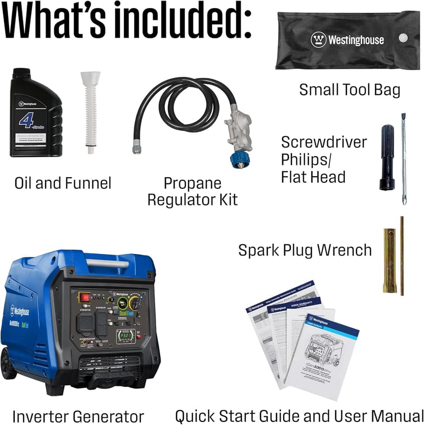 Westinghouse 5000 Peak Watt Super Quiet Dual Fuel Portable Inverter Generator, Wheel & Handle Kit, Gas & Propane Powered, RV Ready, CO Sensor, Parallel Capable