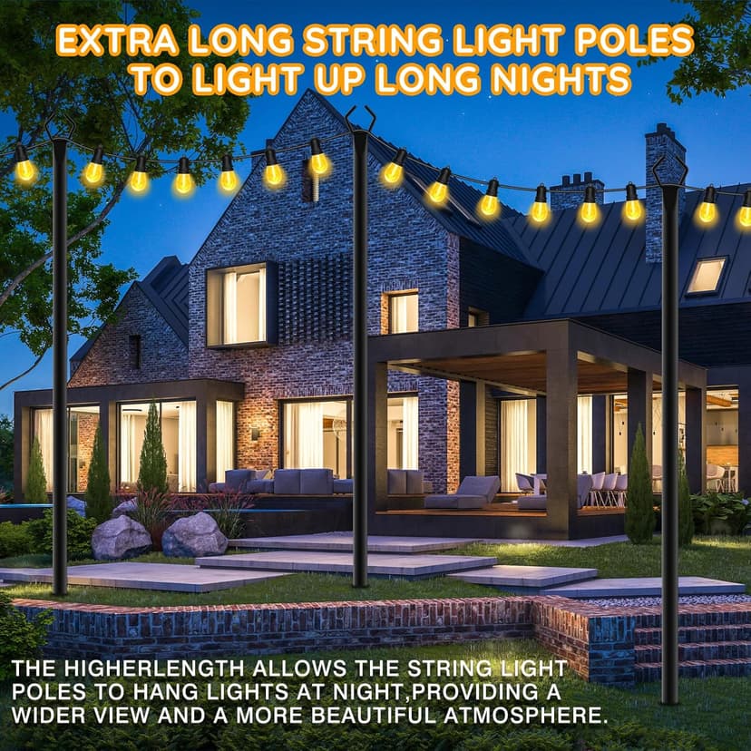 6 Pack String Light Poles, Outdoor String Light Pole 10ft Forked Metal Light Pole with Adjustable Outdoor Light Stand, Deck, Backyard, Garden, Wedding, Rustproof and Sturdy with Hooks