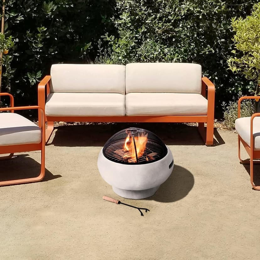 Teamson Home MGO Light Concrete Round Charcoal and Wood Burning Fire Pit for Outdoor Patio Garden Backyard with Spark Screen, Fireplace Poker, Grate, and BBQ Grill, Light Gray