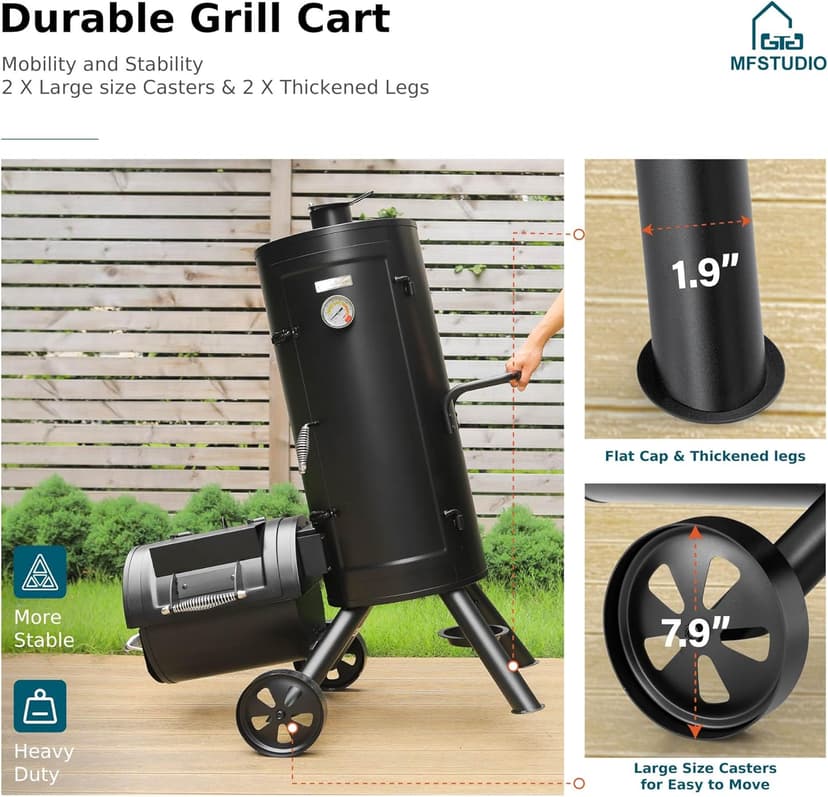 MFSTUDIO Vertical Offset Smoker Charcoal Grill,Extra Large BBQ Barrel Grills and Drum Smoker Combo with hanging racks and 5 removable grates for Smoking,ourdoor barbecue cooking,961 SQ.IN.Area