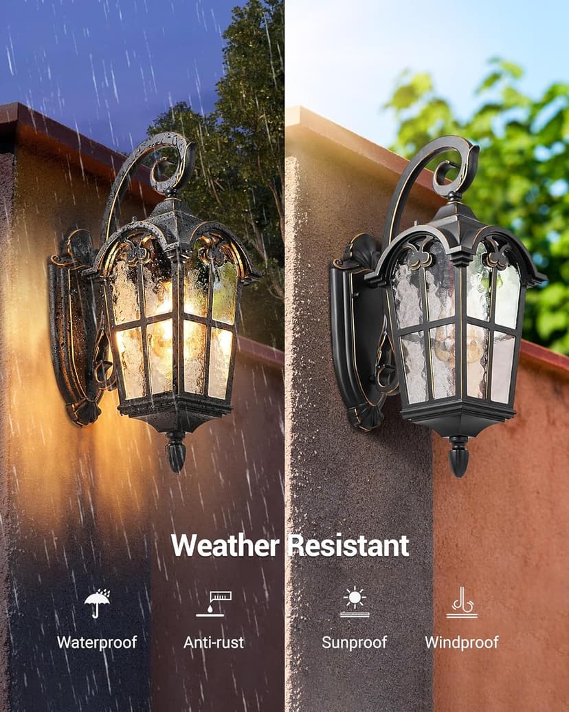 DEWENWILS Outdoor Wall Light Fixtures Wall Mount, Black Roman 17.7" H Exterior Wall Lantern, Anti-Rust & Waterproof, Water Ripple Glass, Outside Wall Sconce Porch Light for House, Garage