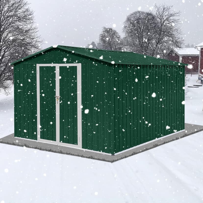 10x8 FT Metal Garden Sheds with Hinged Door and Padlock & Punched Vents,Aluminum Outdoor Storage Shed w/Eco-Friendly Painting,for Bike, Barbeque,Tool,Green+White