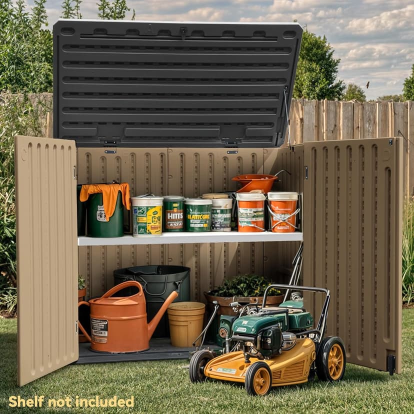 DWVO 35 Cuft Outdoor Horizontal Storage, Waterproof Resin Storage Shed with Floor and Multiple Accesses for Garden Tools, Easy Assembly, Brown (No Shelf Included)
