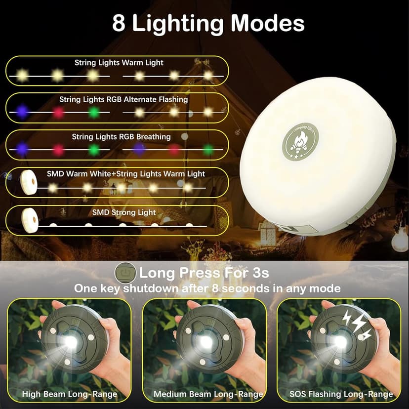 Camping String Lights with 8 Modes, 4 in 1 Portable Camping Light Rechargeable, USB Charging, Quick Storage, 32.8ft Waterproof Tent Light for Camping, Hiking, Christmas