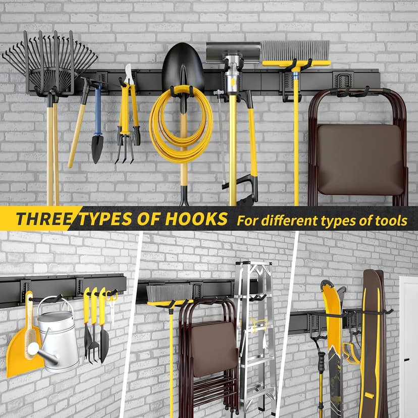 Garage Storage, Garage Organization, Wall Mount Garden Tool Organizer 48 Inches, 440lbs Adjustable Heavy Duty Metal Hooks, Yard Shed Rack Holder System Hanging Rake Broom Mop Snowboard, Men Gift