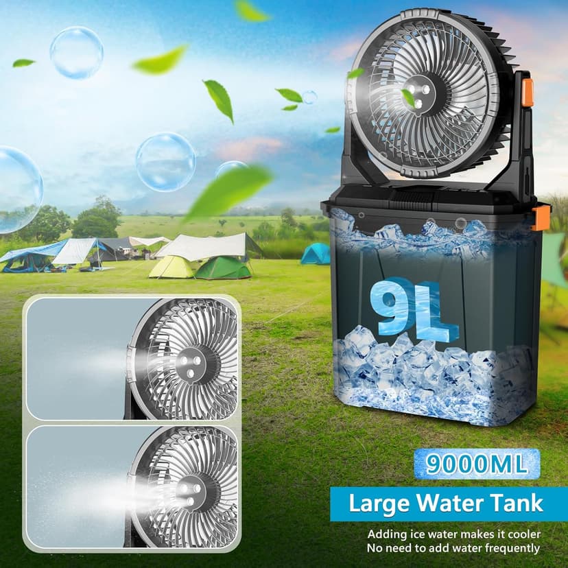 GHORA Portable Misting Fan with 9L Water Tank, 20000mAh Rechargeable Battery Camping Fan, Outdoor Cooling Fans for Patios with Remote & LED, 4 Speeds, 4 Spray Mister Modes, for Home, Outside