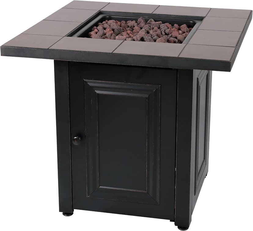 Endless Summer, The Vanderbilt, Square 28" Outdoor Propane Fire Pit with Handcrafted Ceramic Tile Mantel and Lava Rock