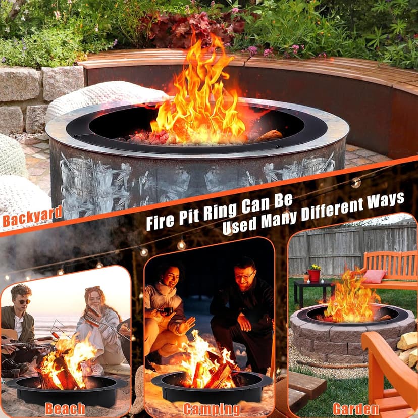 QuliMetal 36-Inch Steel Fire Pit Ring Insert, DIY Campfire Ring Above or In-Ground, Black