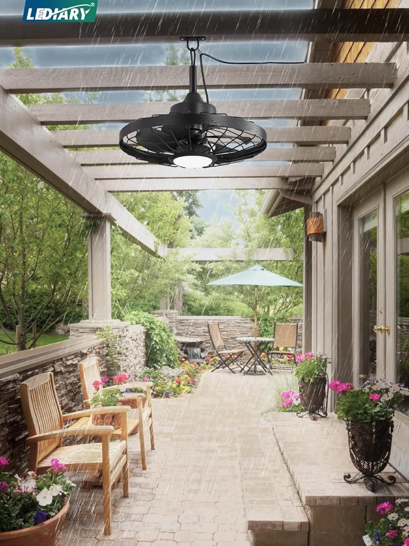 LEDIARY 20" Outdoor Ceiling Fan with Lights,IP65 Waterproof Gazebo Hanging Fan with Remote Control Smart App, Plug in Caged Ceiling Fan with 3CCT 6-Speeds for Patio Porch Pergola(Black)