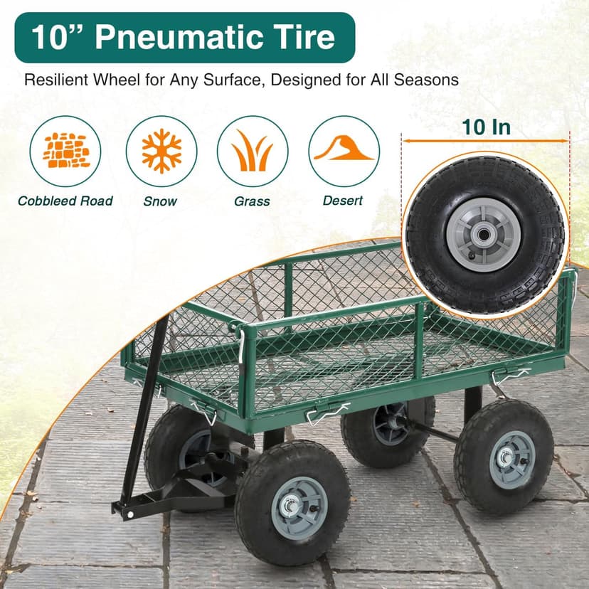 Garden Cart Wagon - 400 lbs Capacity Heavy-Duty Steel Mesh Utility Cart with Removable Sides, All-Terrain Wheels & Pull Handle for Yard, Lawn & Garden Hauler