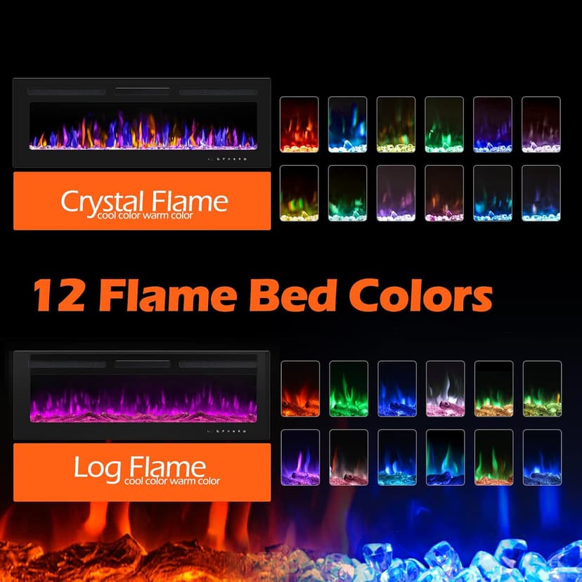 50" Electric Fireplace Wall Mounted and Recessed with Remote Control, 750/1500W Ultra-Thin Wall Fireplace Heater W/Timer Adjustable Flame Color and Brightness, Log Set & Crystal Options