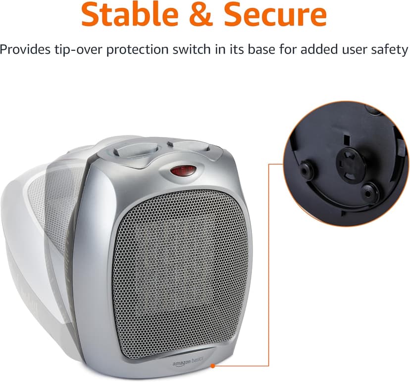 Amazon Basics Ceramic Space Heater, Portable Heater for Indoor Use, for Office and Home, With Overheat and Tip-Over Protection, Thermostat, Non-Oscillating, 1500W, Silver, 7.52"D x 6.34"W x 9.45"H