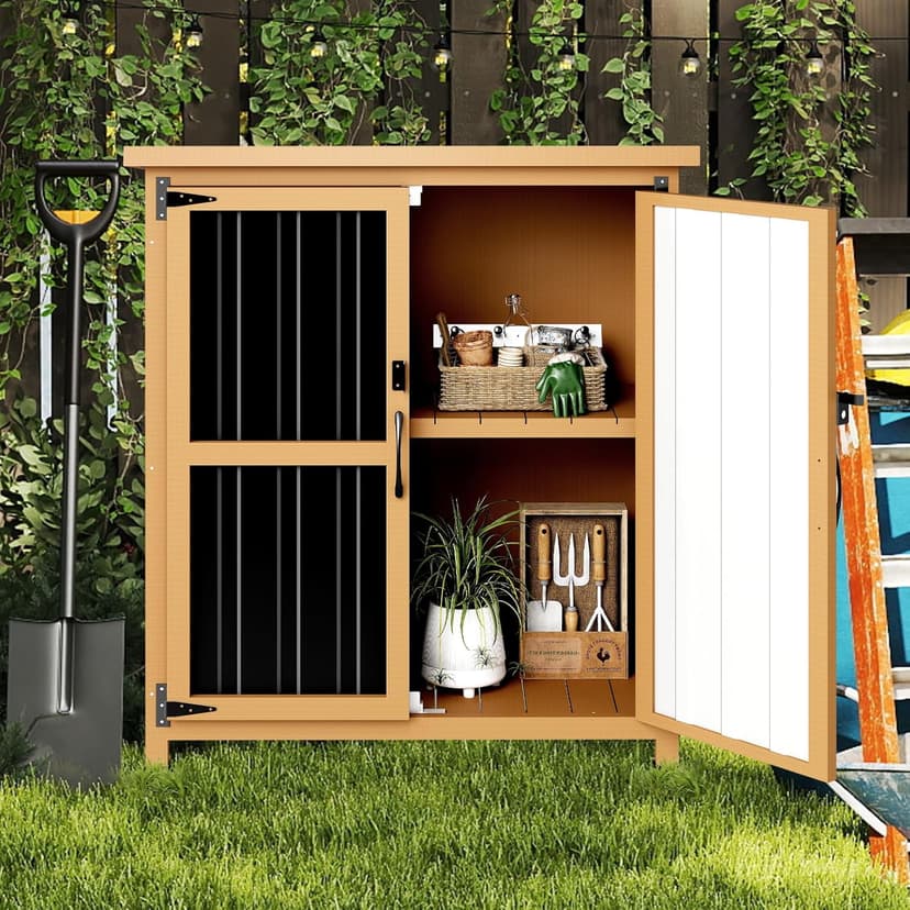 Outdoor Storage Cabinet, Weatherproof Horizontal Storage Shed Box with Lockable Doors, Wood & Metal Patio Backyard Organizer for Lawn Equipment, Gardening Tools, Pool Accessories Yard Supplies