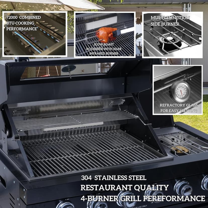 104 Inches 4-Burner 72000 BTU Deluxe Stainless Steel Gas Outdoor Kitchen Bar Barbecue Island Grill, Wine Cooler Compact Refrigerator, Rotisserie Kit, Granite Countertops, Stainless Steel Sink, Silver