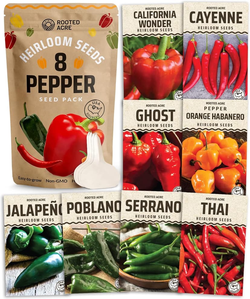 Rooted Acre 8 Varieties Hot Peppers – 240 Heirloom Seeds, 𝗡𝗢𝗡-𝗚𝗠𝗢 𝗨𝗦𝗔-𝗦𝗢𝗨𝗥𝗖𝗘𝗗, High Germination – Includes Ghost, Jalapeño, Serrano, California Wonder & More – Spicy Pepper Garden Mix