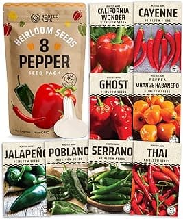 Rooted Acre 8 Varieties Hot Peppers – 240 Heirloom Seeds, 𝗡𝗢𝗡-𝗚𝗠𝗢 𝗨𝗦𝗔-𝗦𝗢𝗨𝗥𝗖𝗘𝗗, High Germination – Includes Ghost, Jalapeño, Serrano, California Wonder & More – Spicy Pepper Garden Mix