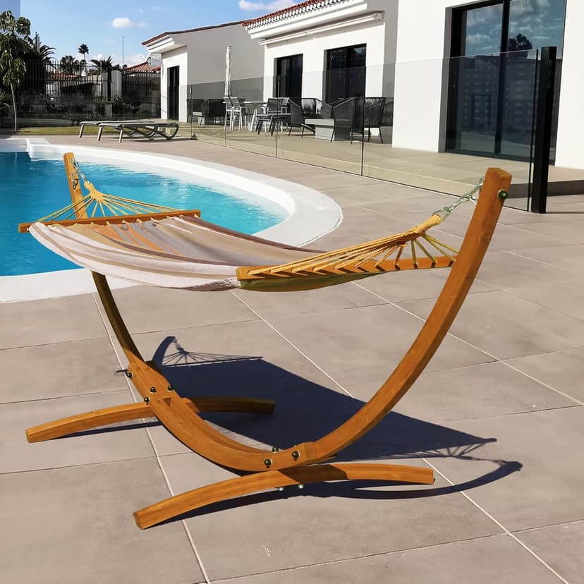 Lazy Daze Hammocks 10.5 FT Outdoor Arc Wood Hammock Stand, 2 Person Russian Pine Hardwood Hammock Stand with Carabiners and Chains, for Outdoor Patio Garden Poolside, 300lb Capacity,Brown