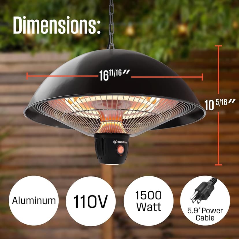 Westinghouse Outdoor Ceiling Patio Heater, Water Resistant, Adjustable Heat Output Up to 1500W, Auto Shut Off Overheat Protection, Hanging Infrared Heater for Patio Cover, Gazebo, & More - Black