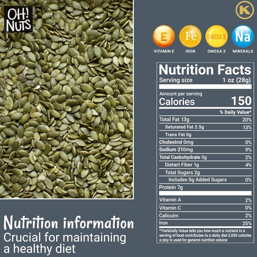 Oh! Nuts Pumpkin Seeds - Roasted Salted - 2 lb - No Shell Pepitas - Packed in New York Zip-Seal Bag for Exceptional Freshness