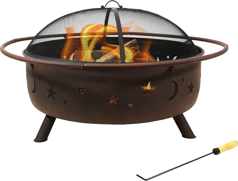 Sunnydaze Cosmic 42-Inch Large Outdoor Fire Pit - Wood-Burning Fire Pit with Round Spark Screen, Poker, and Built-in Grate