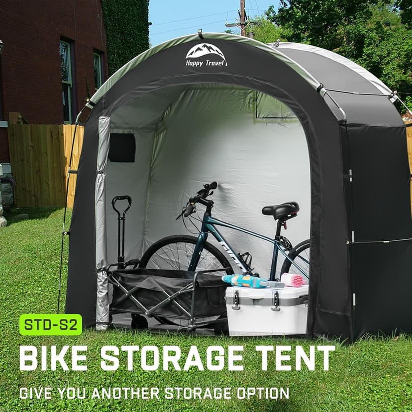 Happy Travel Bike Storage Tent Shed,Large Outdoor Waterproof Bicycle Covers Shelter with Window for 2/3 Bikes,Oversized Outside Portable Sheds for Lawn Mower,Garden Tools (Black)