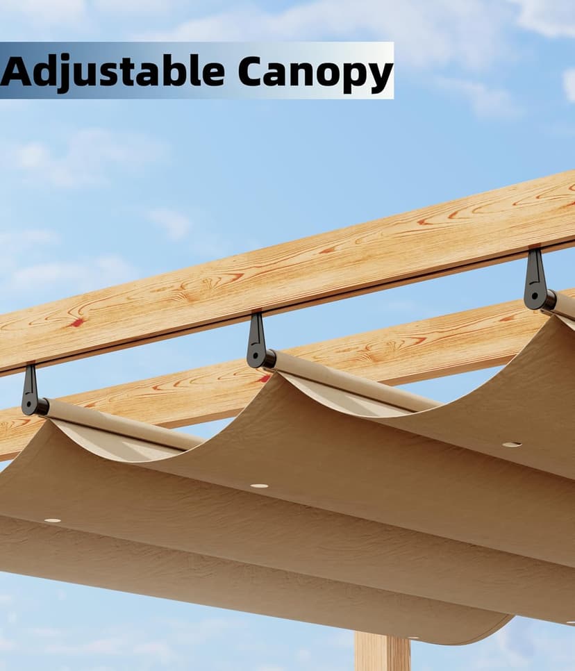10 x 10 Ft Wood-Grain Aluminum Pergola Outdoor Pergola with Retractable Canopy Sun Shade Shelter for Garden, Patio, Backyard, Deck - Khaki
