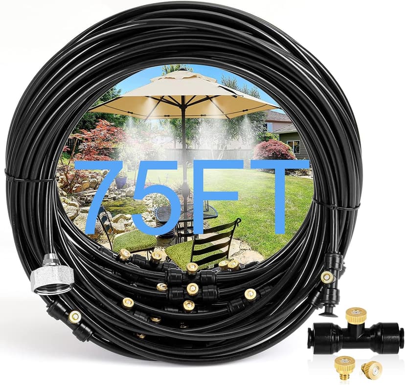 Bonviee Misters for Outside Patio, 75FT (23M) Patio Misting System, Outdoor Misters for Patio Cooling, 28 Brass Mist Nozzles, 3/4" Adapter, DIY Water Misters for Cooling Outdoor Garden Greenhouse