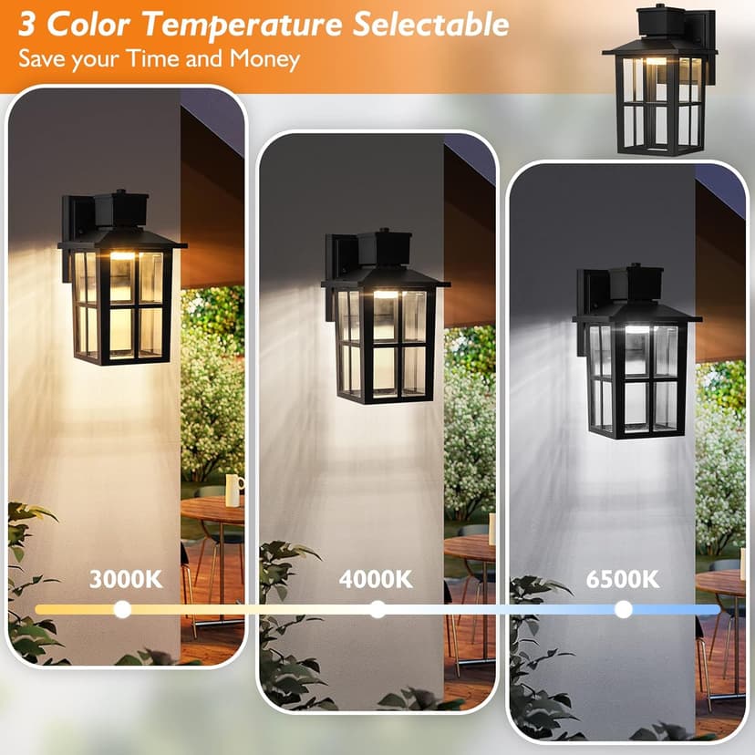 Brightever LED Outdoor Wall Lights, 10W 3000K/4000K/6500K Selectable, 800LM High Brightness Black Exterior Light Fixture with Clear Glass Shade, Waterproof Outdoor Wall Lanterns for Patio, 1 Pack