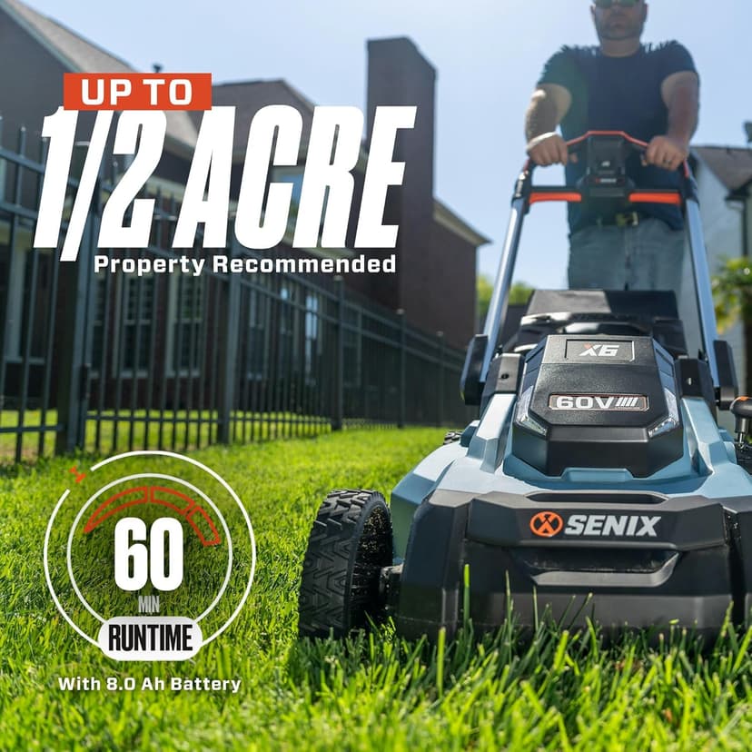 SENIX X6 60V 21-Inch 3-in-1 Cordless Lawn Mower with LED Light | 7 Height Adjustments, Smart Display, Bagging/Mulching/Side Discharge | 6Ah Li-ion Battery & Charger Included (LPPX6-H)